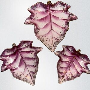 Nesting 3 Pc Leaf‎ Shaped Trinket Dishes Pink Gold White